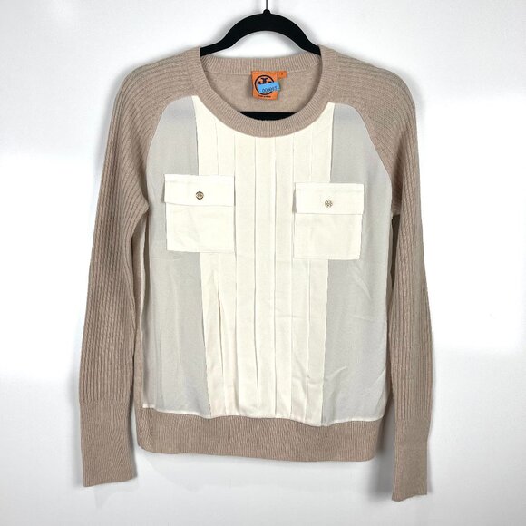 Tory Burch Tops - Tory Burch Cashmere Silk Pleated Pull Over Sweater Long Sleeve Tan Cream Size Sm
